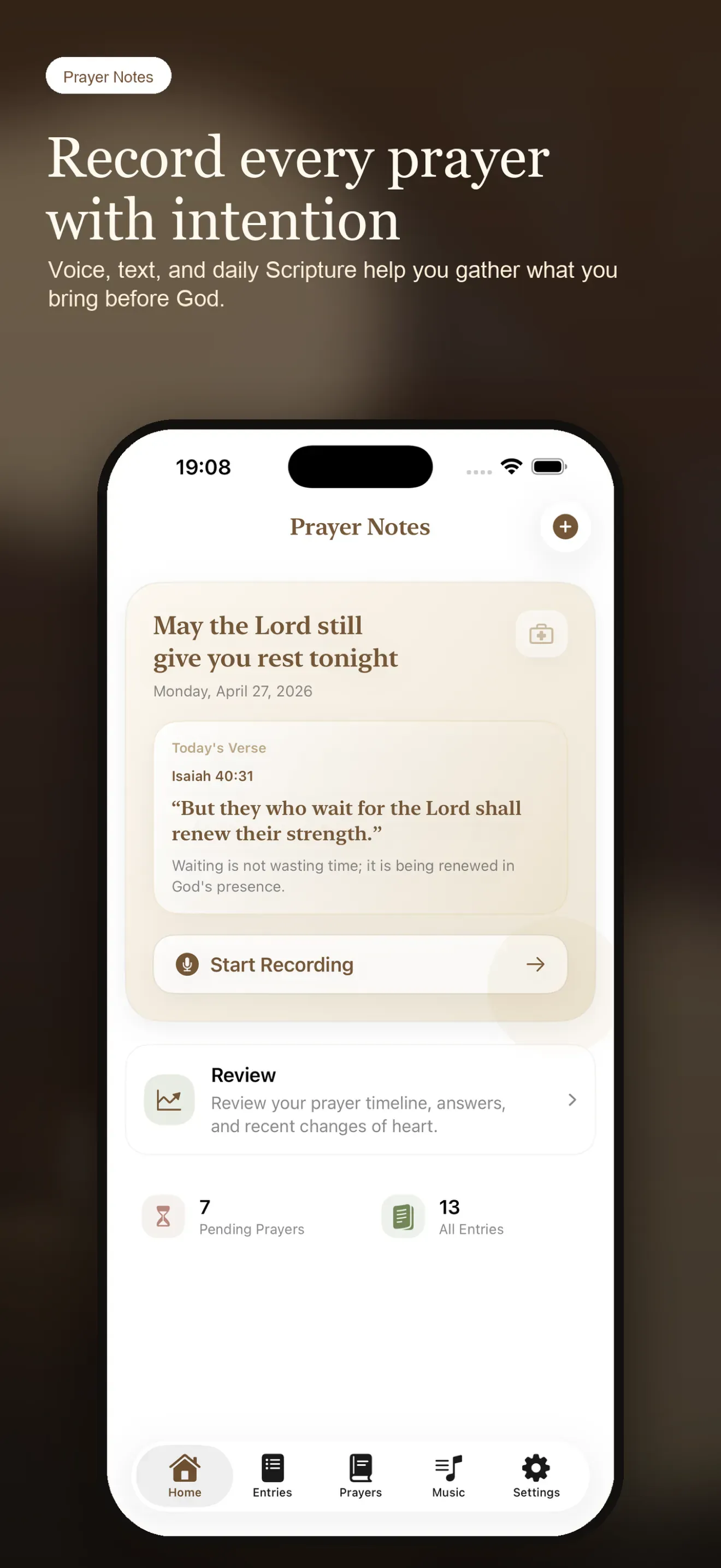 Prayer Notes home screen with daily verse and start recording button