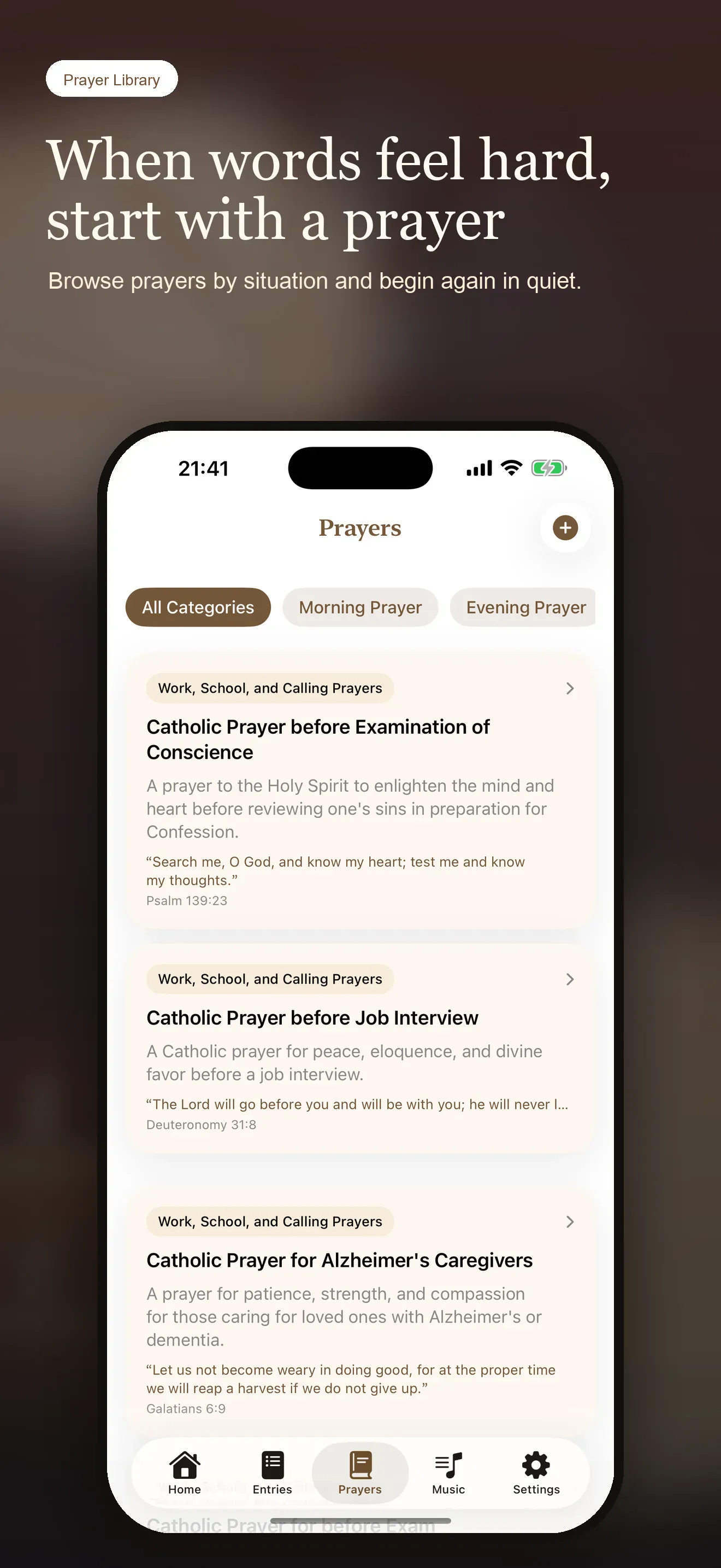 Prayer Notes prayer library screen with prayer cards and categories