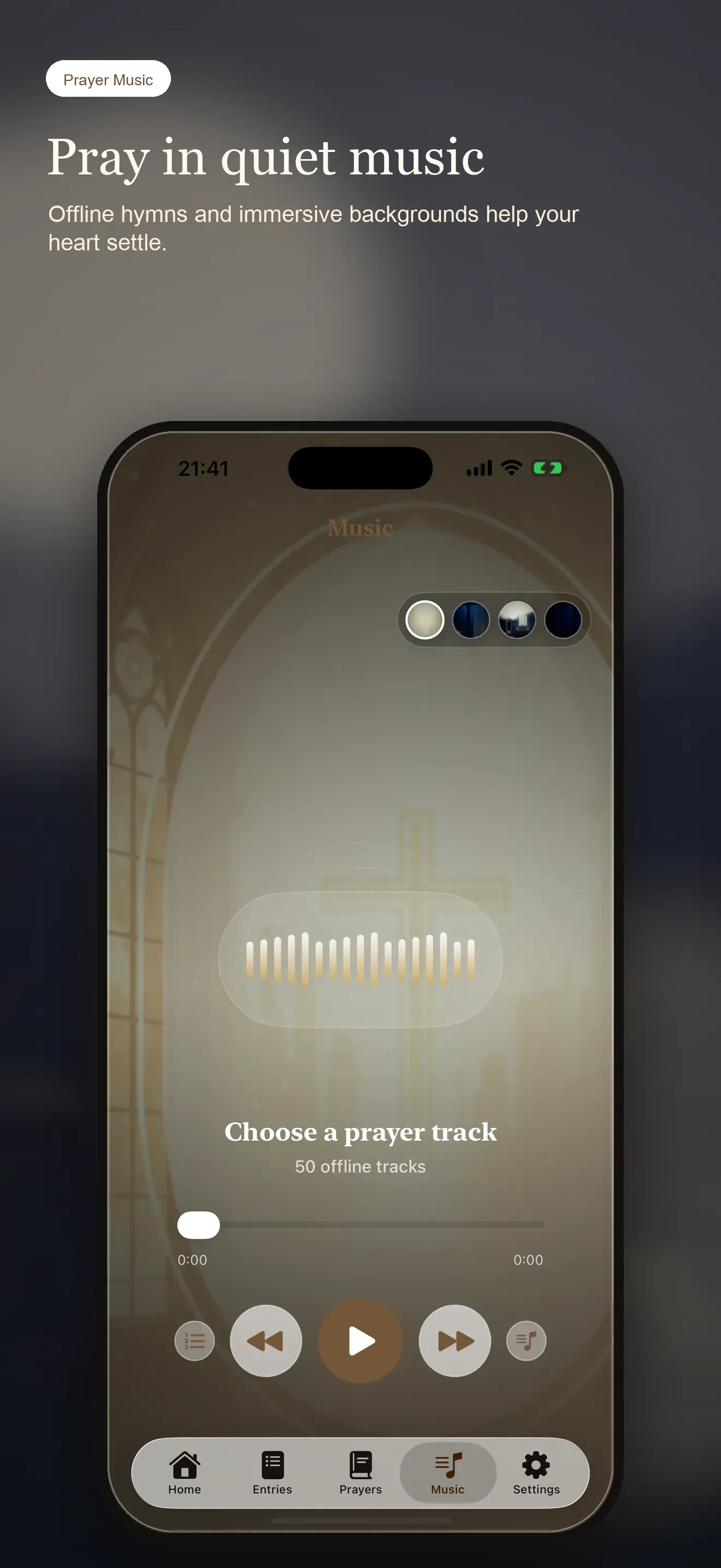 Prayer Notes music screen with prayer music player controls