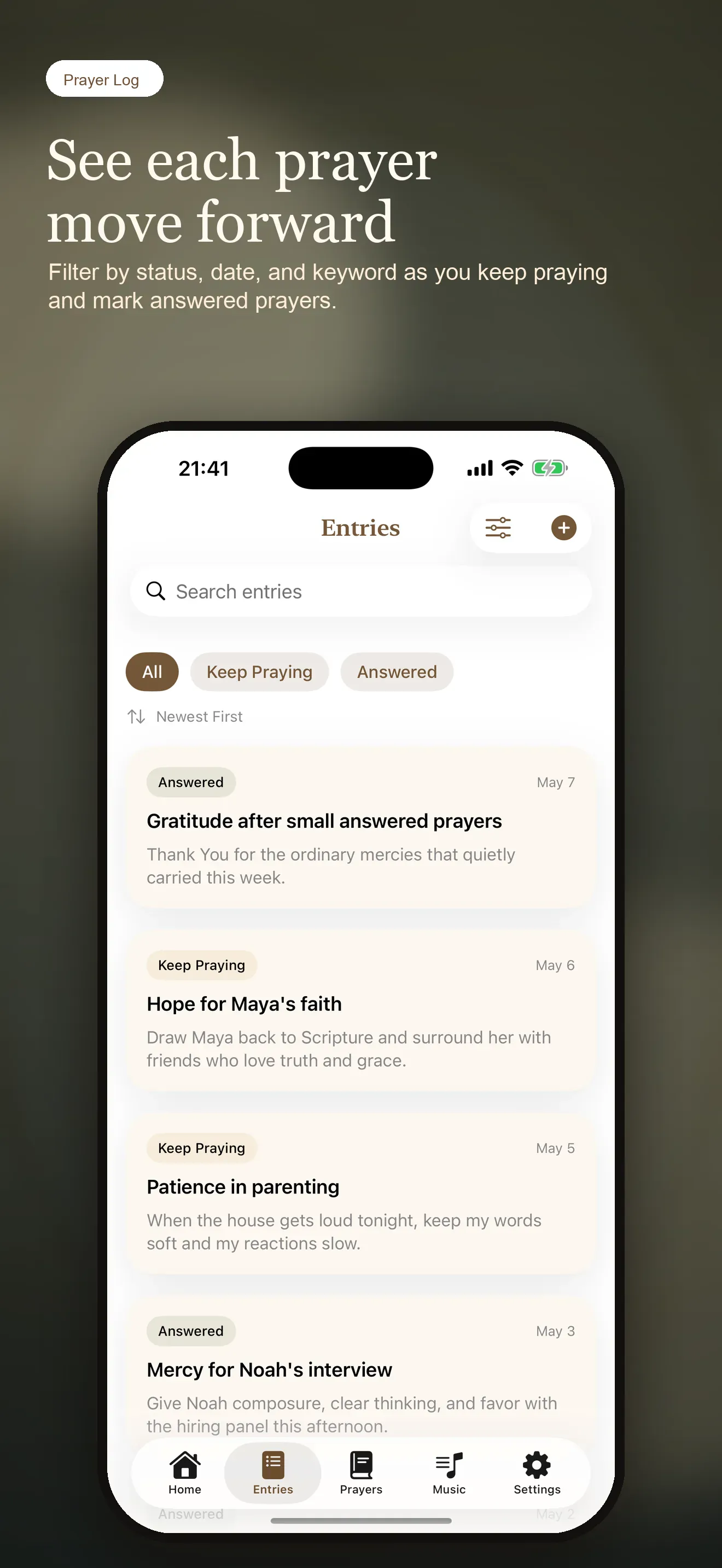 Prayer Notes entries screen with filters and prayer cards